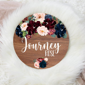Burgundy Navy and Blush Floral Round Wood Name Sign