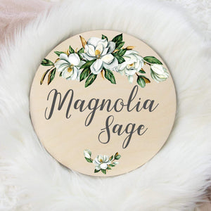 Magnolia Floral Round Wood Name Sign