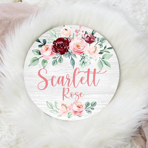 Burgundy and Blush Floral Round Wood Name Sign