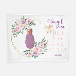 Girl Elegant Pink and Purple Floral Roses Milestone Blanket