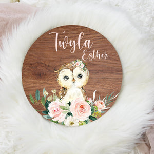 Cream and Blush Floral Owl Round Wood Name Sign