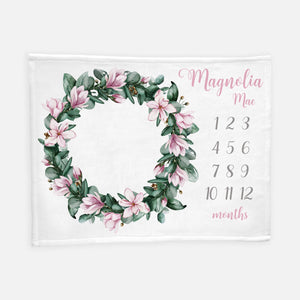 Girl Pink Magnolia Wreath Milestone Blanket