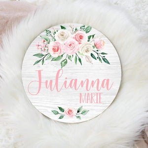 Blush Floral Round Wood Name Sign