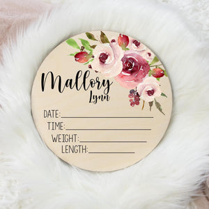 Burgundy and Blush Floral Birth Stat Sign