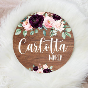 Floral Round Wood Name Sign, Plum and Blush Floral Baby Sign, Round Wood Baby Name Sign, Baby Announcement Sign, Plum and Pink Nursery Decor