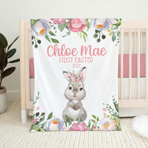 First Easter Pink Floral Bunny Name Blanket