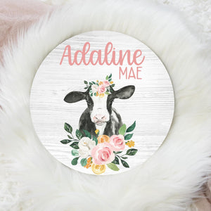 Floral Cow Round Wood Name Sign