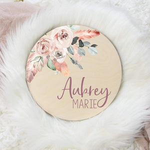 Boho Floral Round Wood Name Sign