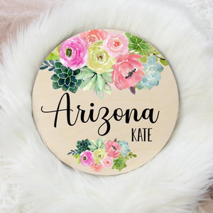 Cactus Round Wood Name Sign, Succulent Floral Baby Sign, Round Wood Baby Name Sign, Baby Announcement Sign, Southwest Girl Nursery Decor