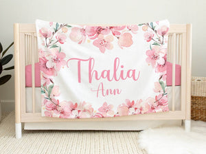 Personalized Baby Blanket, Cherry Blossom Baby Blanket, Girl Baby Blanket, Cherry Blossom Baby Blanket, Nursery Blanket, Sakura Crib Decor