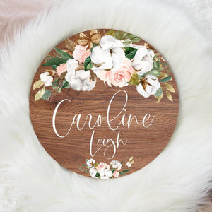 Cotton Floral Round Wood Name Sign, White Cotton Baby Sign, Round Wood Baby Name Sign, Baby Announcement Sign, Cotton Floral Nursery Decor