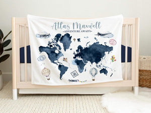 World Map Baby Blanket, Personalized Baby Blanket, Adventure Nursery Theme, Newborn Blanket, Baby Shower Gift, Adventure Awaits Map Blanket