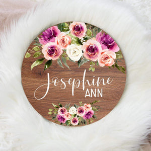 Floral Round Wood Name Sign, Pink  and Purple Floral Baby Sign, Round Wood Baby Name Sign, Baby Announcement Sign, Floral Nursery Decor