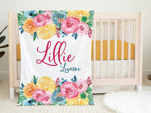 Lemon Floral Baby Blanket, Lemon Bedding, Personalized Baby Blanket, Lemon Nursery Theme, Newborn Coming Home Blanket, Baby Shower Gift