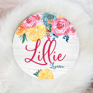Lemon Floral Round Wood Name Sign, Wood Baby Name Sign, Lemon Baby Sign, Lemon Floral Name Sign, Baby Announcement Sign, Nursery Decor