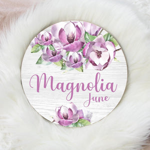 Magnolia Floral Round Wood Name Sign, Lavender Magnolia Baby Sign, Round Wood Baby Name Sign, Baby Announcement Sign, Magnolia Nursery Decor
