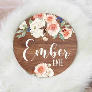 Ivory Peach Floral Round Wood Name Sign, Peach Floral Baby Sign, Round Wood Baby Name Sign, Baby Announcement Sign, Rose Gold Nursery Decor