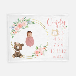 Girl Bear Floral Baby Milestone Blanket