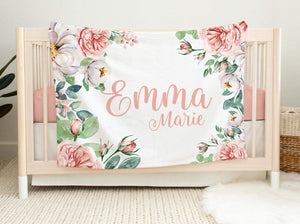 Elegant Rose Girl Blanket, Rose Floral Crib Bedding, Personalized Baby Blanket, Floral Nursery Theme, Baby Shower Gift, Ivory Blush Roses