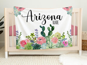 Cactus Blanket, Personalized Succulent Baby Blanket, Succulent Floral Baby Blanket, Girl Nursery Blanket, Southwest Cactus Nursery