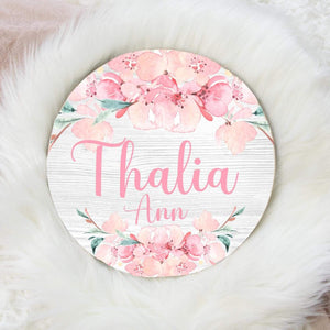 Cherry Blossom Floral Round Wood Name Sign, Pink Floral Baby Sign, Round Wood Baby Name Sign, Birth Announcement Sign, Blush Nursery Decor