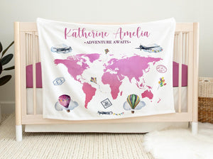 World Map Baby Blanket, Personalized Baby Blanket, Adventure Nursery Theme, Newborn Blanket, Baby Shower Gift, Adventure Awaits Map Blanket