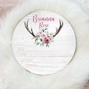 Floral Antlers Baby Girl Birth Stat Sign