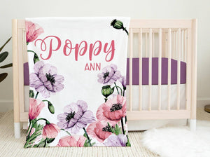 Pink and Purple Poppy Girl Blanket, Poppy Floral Crib Bedding, Personalized Baby Blanket, Floral Nursery Theme, Baby Shower Gift, Poppies