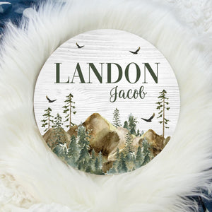 Woodland Baby Sign, Round Wood Name Sign, Wood Baby Name Sign, Mountains Name Sign, Baby Announcement Sign, Mountain Forest Name Sign