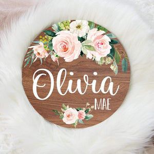 Blush and Cream Floral Round Wood Name Sign, Pink Floral Baby Sign, Round Wood Baby Name Sign, Baby Announcement Sign, Blush Nursery Decor