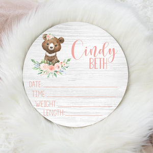 Woodland Girl Bear Birth Stat Sign