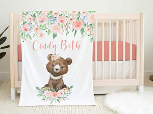 Girl Bear Nursery Baby Blanket, Girl Forest Animal Baby Blanket, New Baby Gift, Woodland Animal Baby Blanket, Pink Rose Bear Blanket