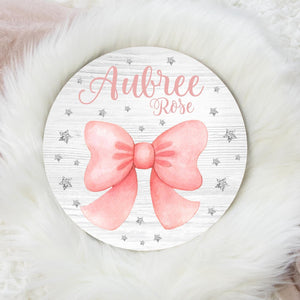 Baby Bow and Stars Round Wood Name Sign, Wood Baby Name Sign, Bows and Stars Baby Sign, Girl Baby Bow Name Sign, Baby Announcement Sign