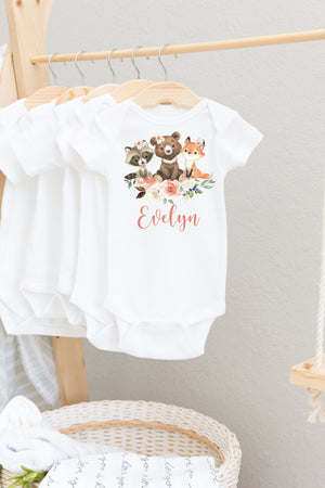 Woodland Baby Bodysuit, Girl Woodland Animal Bodysuit, Baby Shower Gift, Pregnancy Reveal Baby Shirt, Baby One Piece, Woodland Baby Outfit