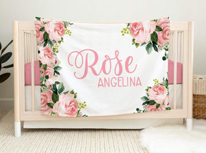 Pink Blush Rose Girl Blanket, Rose Floral Crib Bedding, Personalized Baby Blanket, Floral Nursery Theme, Baby Shower Gift, Blush Roses