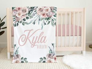 Boho Floral Girl Blanket, Boho Roses Crib Bedding, Personalized Baby Blanket, Boho Nursery Theme, Baby Shower Gift, Boho Blanket