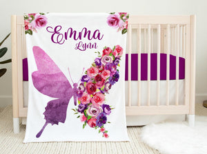 Butterfly Nursery Baby Blanket, Girl Butterfly Baby Blanket, Purple Floral Butterfly Blanket, Butterfly Nursery Theme, New Baby Gift