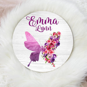 Butterfly Round Wood Name Sign, Purple Floral Butterfly Baby Sign, Round Wood Baby Name Sign, Baby Announcement Sign, Butterfly Nursery Sign