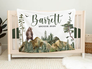 Bear Mountains Baby Blanket, Personalized Baby Blanket, Mountains Nursery Theme, Newborn Bear Blanket, Baby Shower Gift, Adventure Awaits