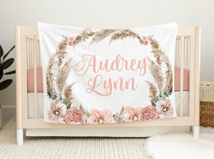 Boho Floral Girl Blanket, Boho Pampas Grass Crib Bedding, Personalized Baby Blanket, Boho Nursery Theme, Baby Shower Gift, Boho Blanket