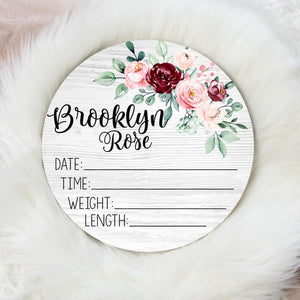 Burgundy and Blush Floral Birth Stat Sign