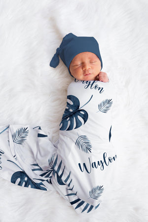 Blue Palm Leaves Baby Swaddle Blanket