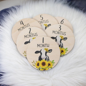 Cow Milestone Cards, Baby Milestone Cow Milestone Markers, Wood Milestone Card, Baby Milestones, Photo Prop, Sunflower Cow Nursery C14